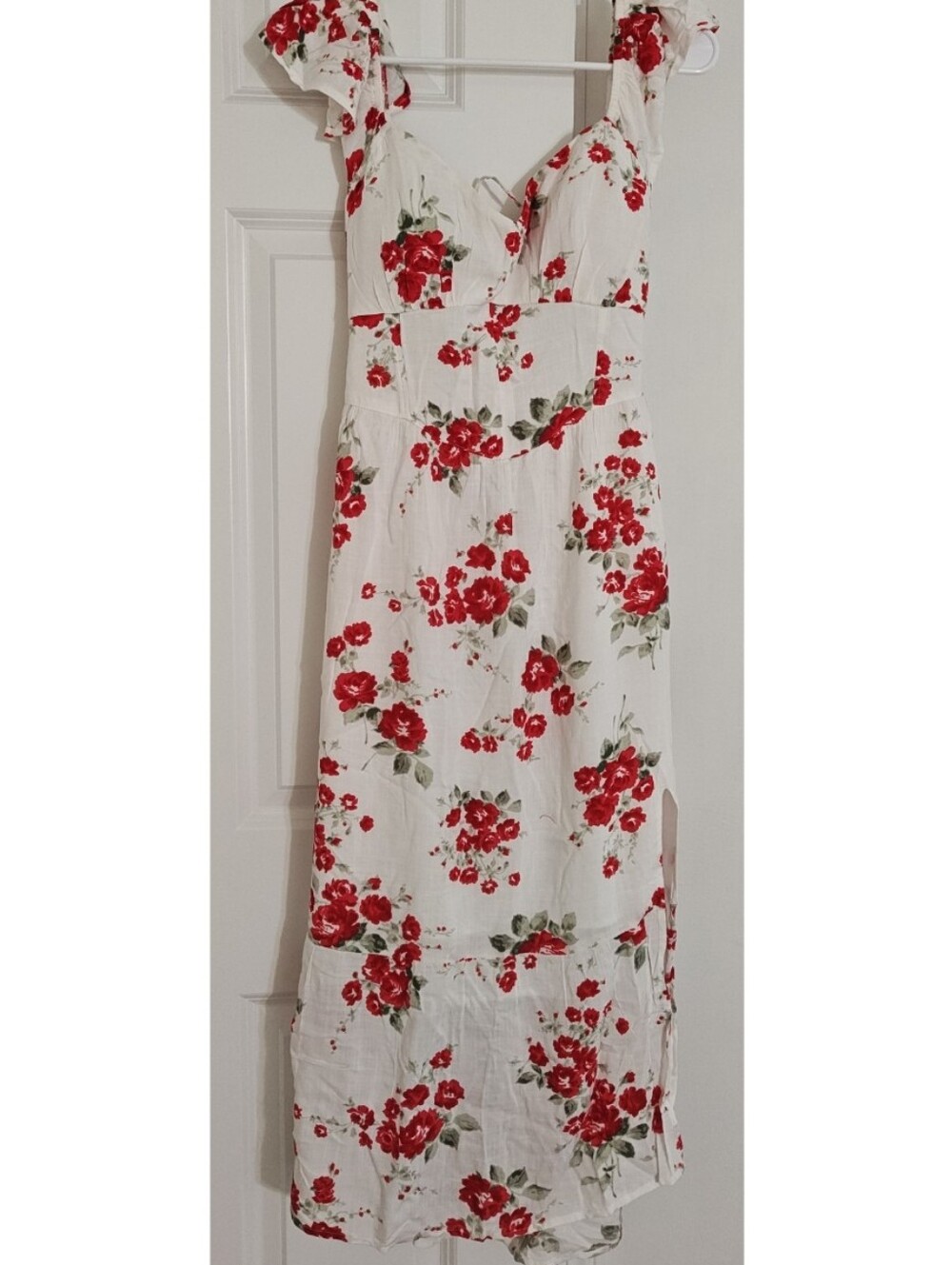 NWT Hollister White Floral Midi Dress with Red Rose Print